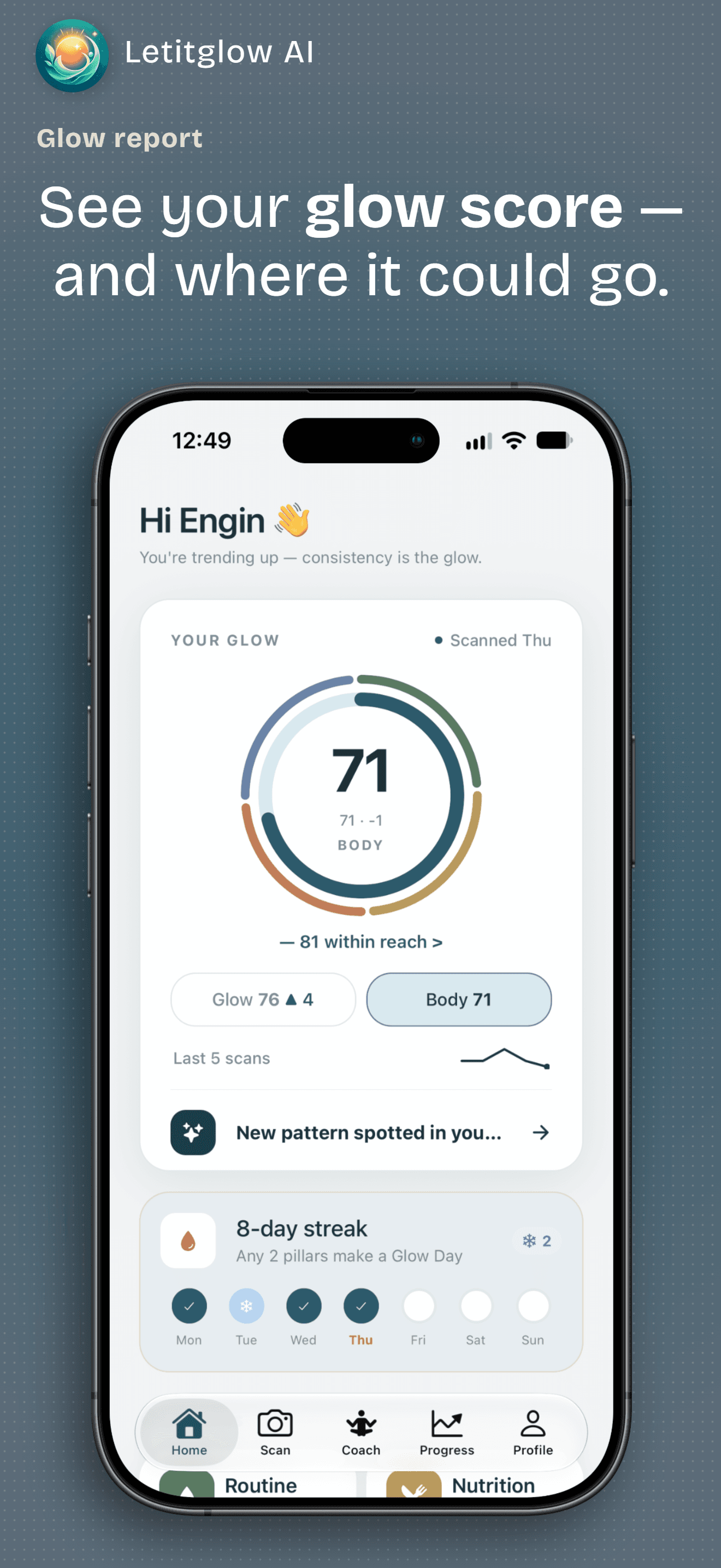 LetitglowAI home dashboard showing glow score, scan trend, and weekly streak