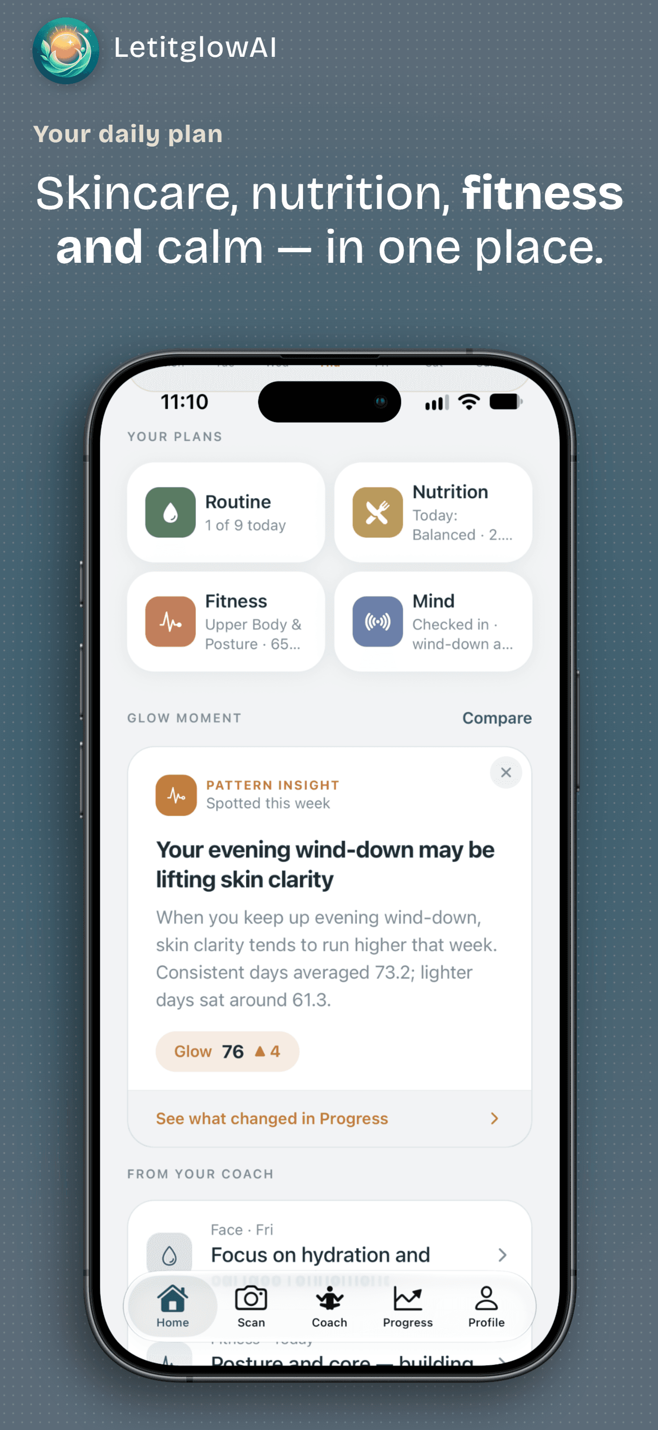 LetitglowAI home screen with daily routine, nutrition, fitness, and mind plans