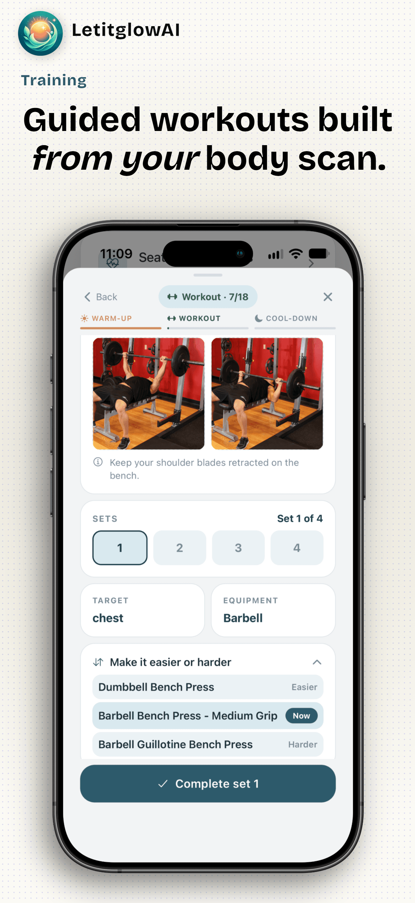 LetitglowAI guided workout with form photos, sets, and difficulty options