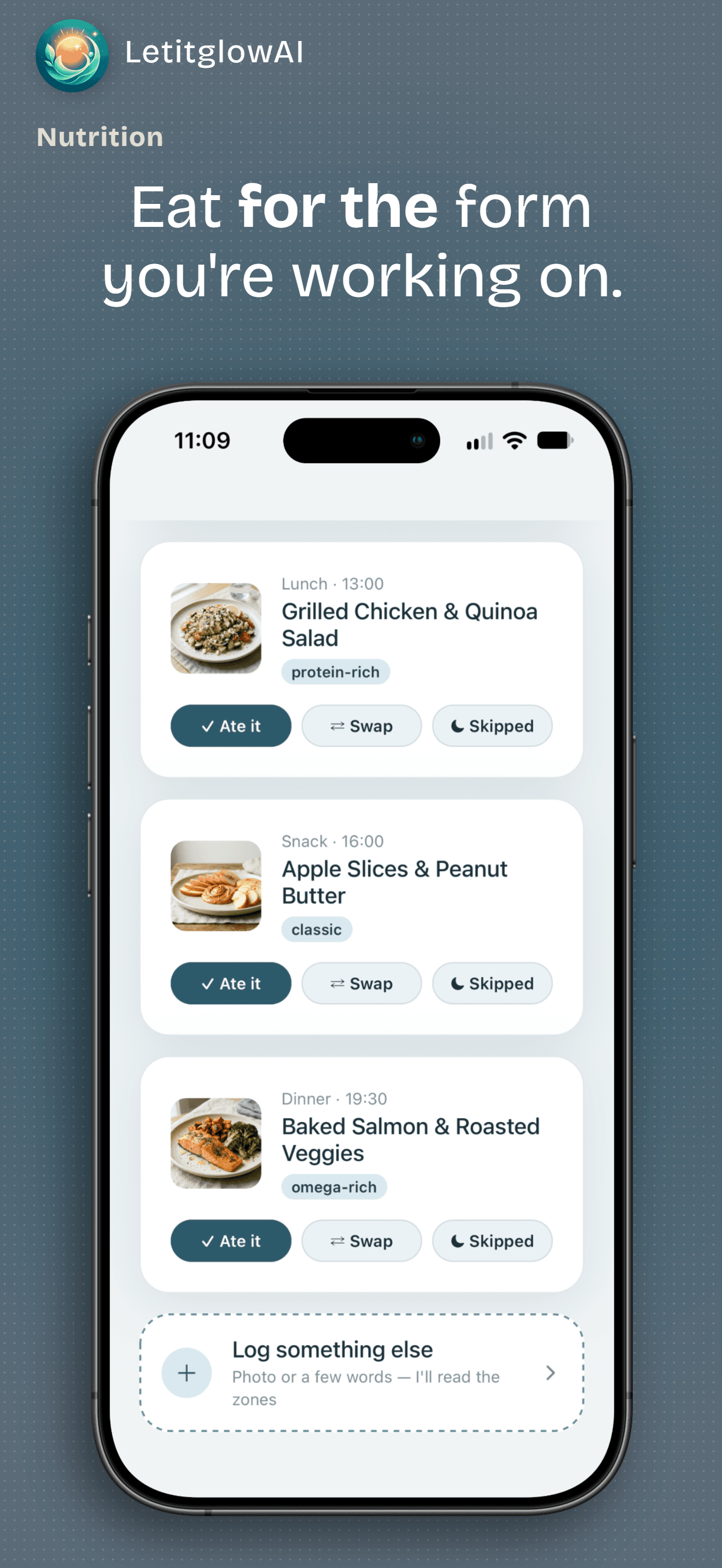 LetitglowAI daily meal plan with lunch, snack, and dinner cards