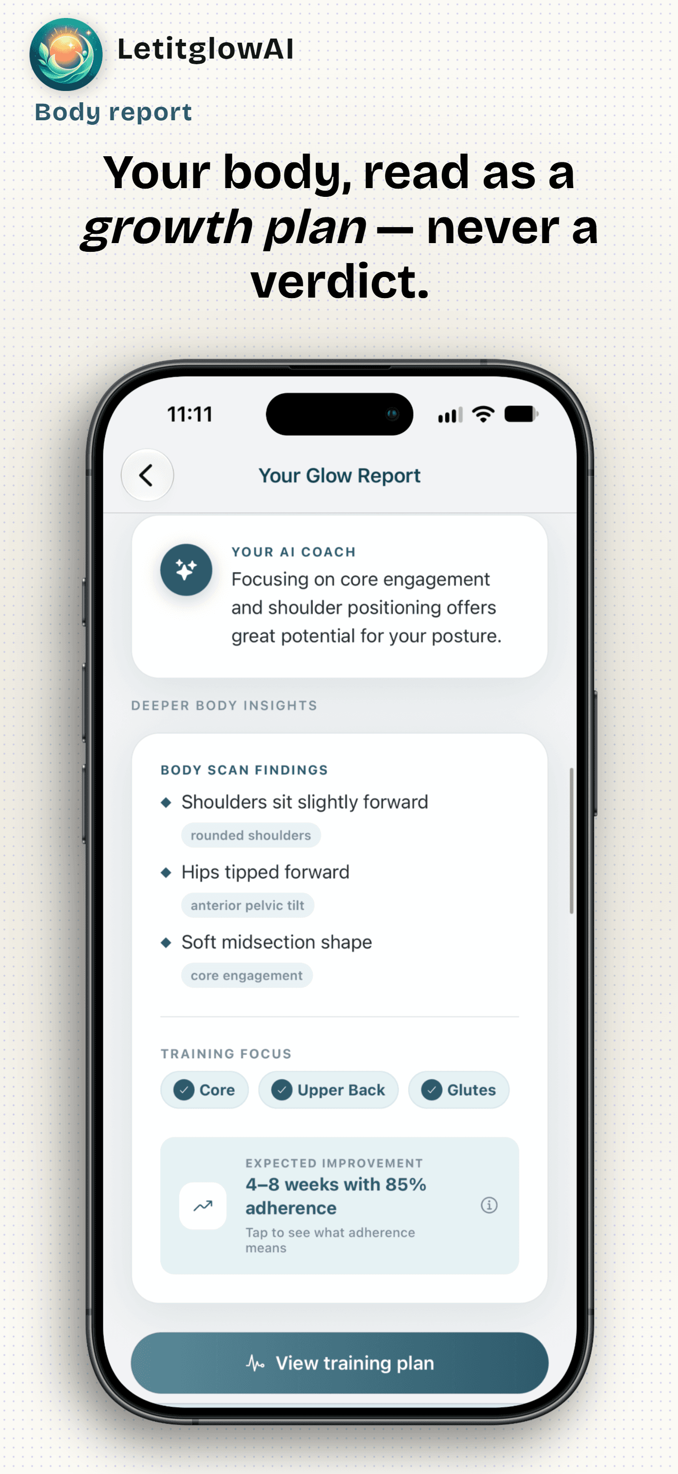 LetitglowAI body glow report with coach notes and training focus
