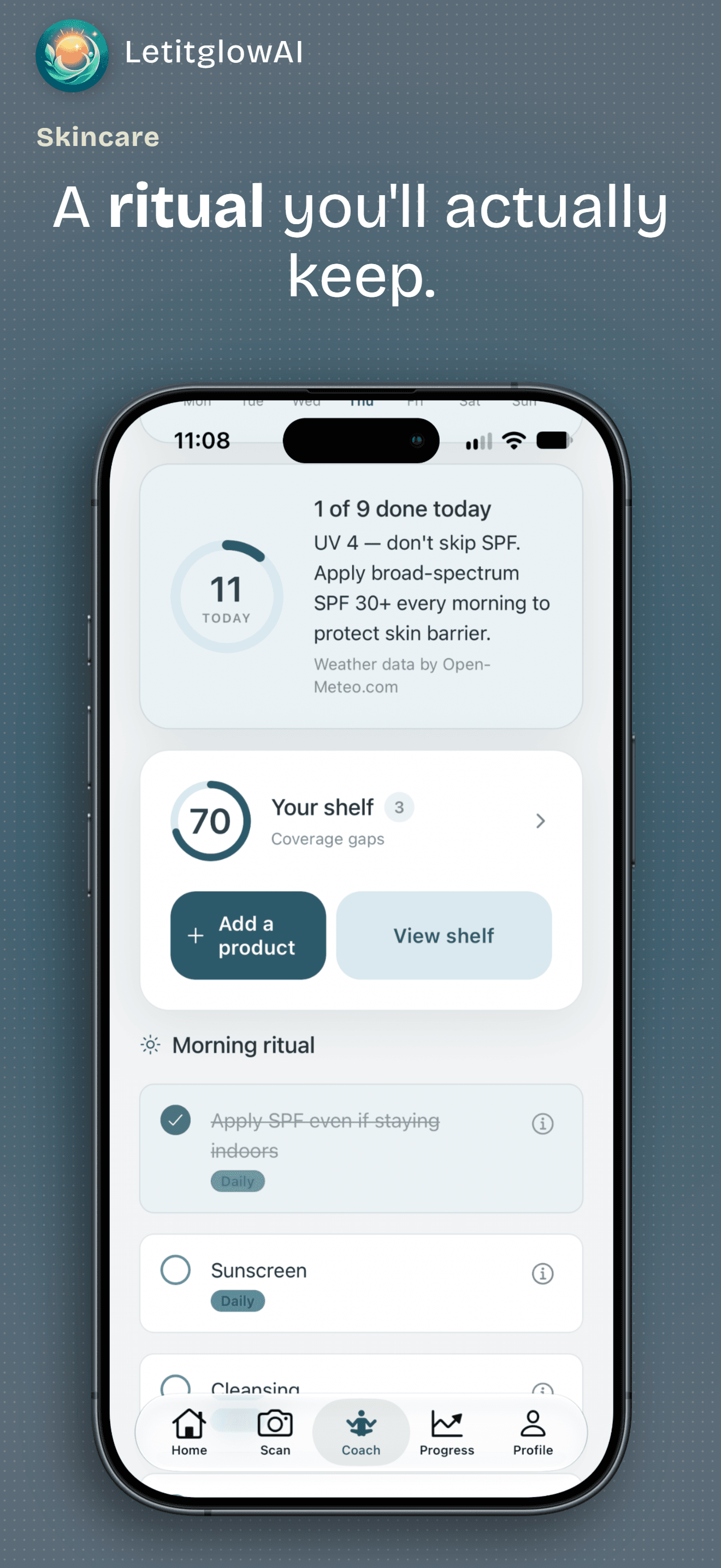 LetitglowAI coach screen with morning skincare ritual and product shelf