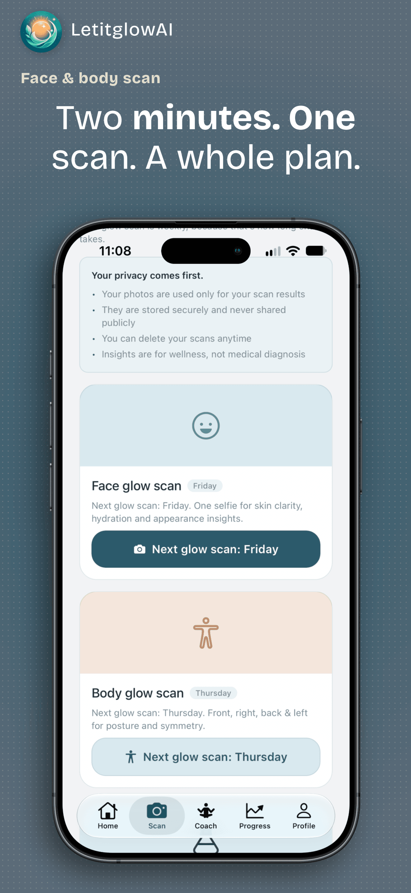 LetitglowAI scan screen for face and body glow scans with privacy notes