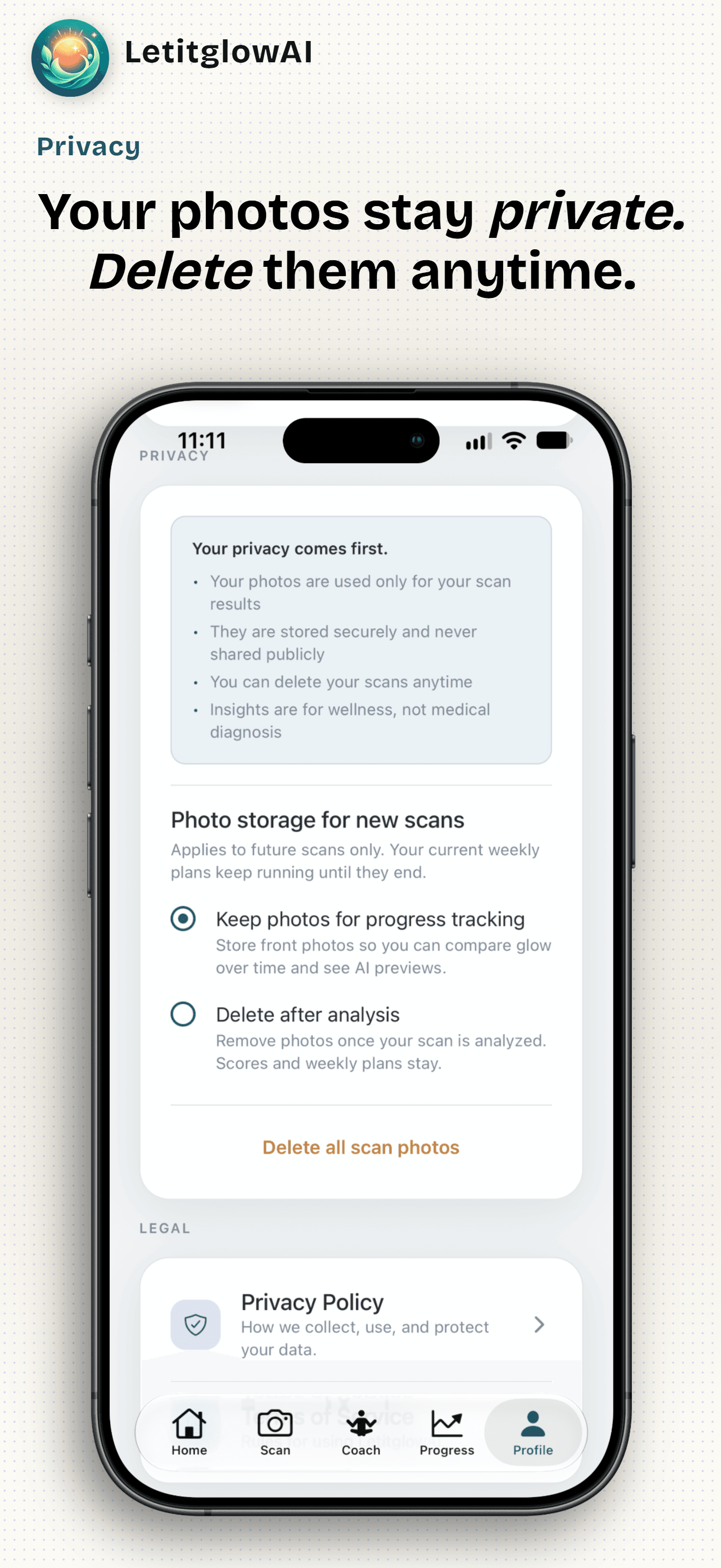 LetitglowAI profile privacy settings for photo storage and deletion